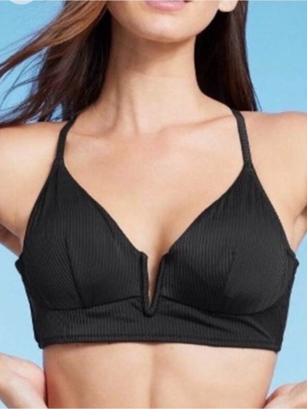 Shade & Shore Ribbed V-Notch Swim Bralette — Black